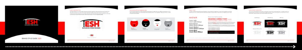 Explosive Store Housing brand guidelines showing logo usage, colours, typography and visual identity direction.