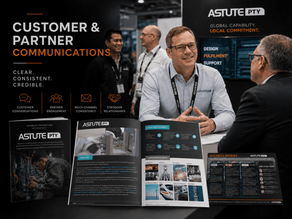 Astute Pty customer and partner communications graphic with trade show meeting and collateral