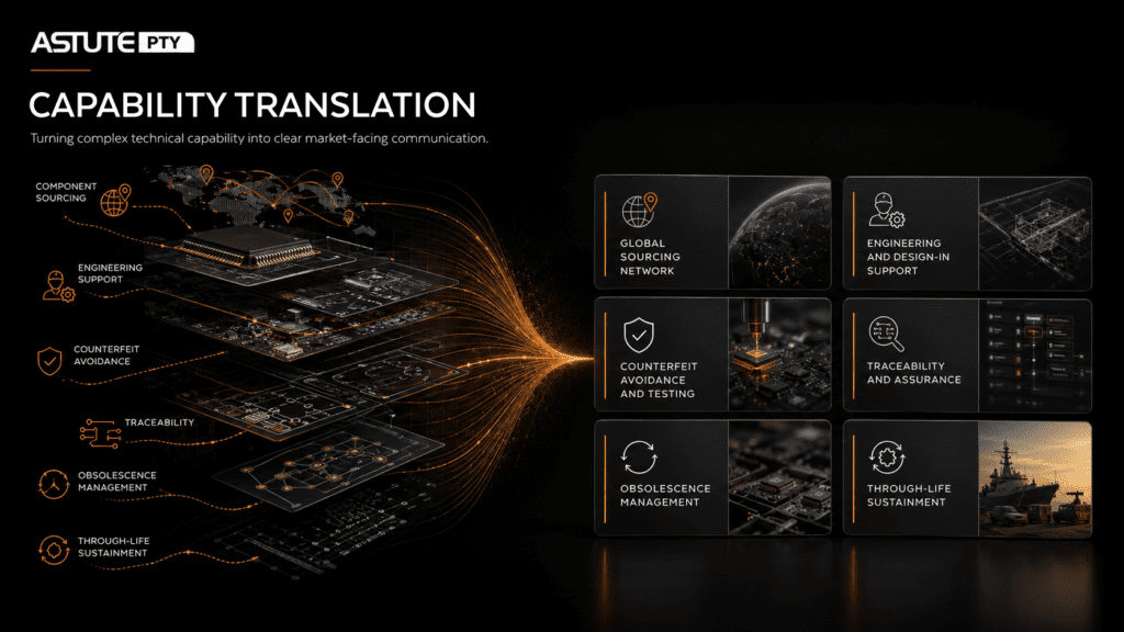 Astute Pty capability translation graphic showing technical services turned into market communication