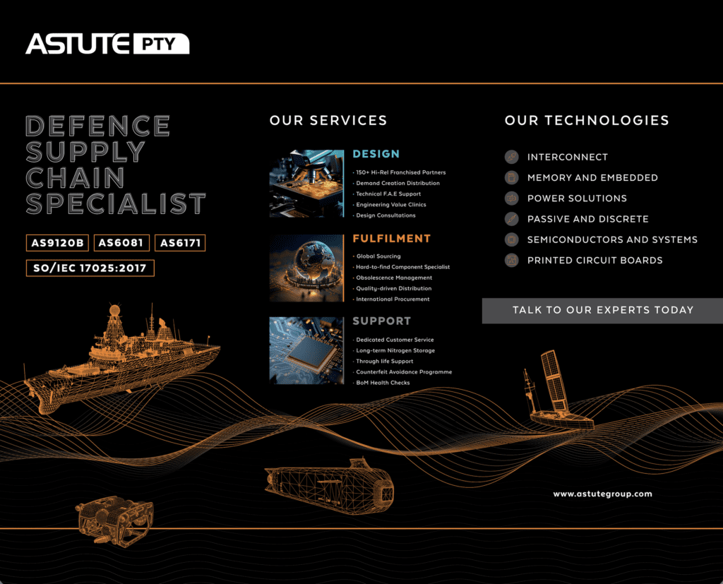 Astute Pty defence supply chain specialist graphic showing services and technologies