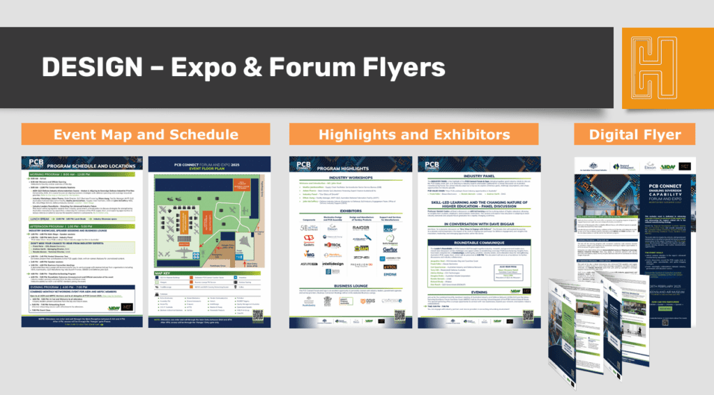 PCB Connect event map, schedule and digital flyer designs