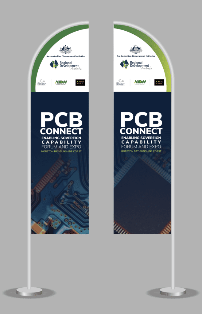 PCB Connect branded feather banners for the forum and expo