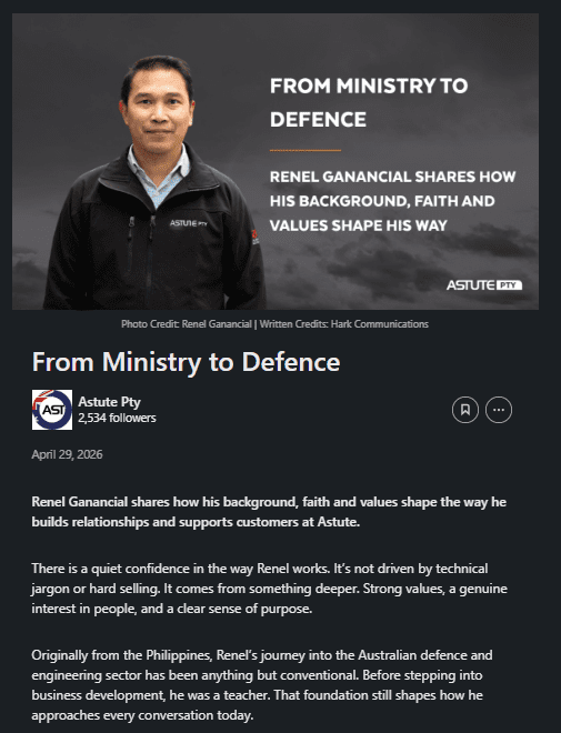 LinkedIn article by Renel Ganancial discussing sovereign capability and defence industry collaboration